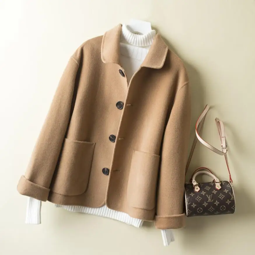 Wool Coat Women Spring Autumn high quality Double-sided Cashmere Jacket Long sleeve Casual plus size Short Coats - Цвет: Camel