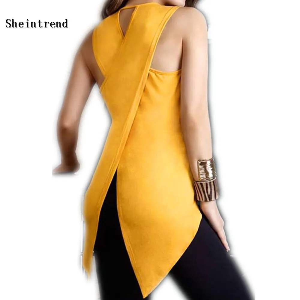 Sheintrend S-XL 2XL 3XL Yellow White Blue Black Pink Women Plus Size T shirt And Tops Summer Casual Sleeveless Cross Lady Tshirt | Женская
