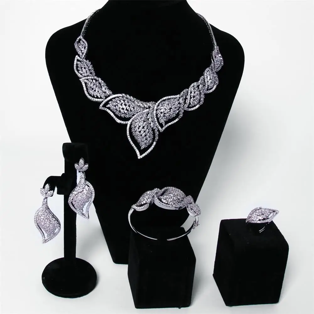 

New Bridal Jewelry Sets rhodium plated with Cubic zircon 4pcs sets ( necklace + bracelet + earrings + ring) free shipment