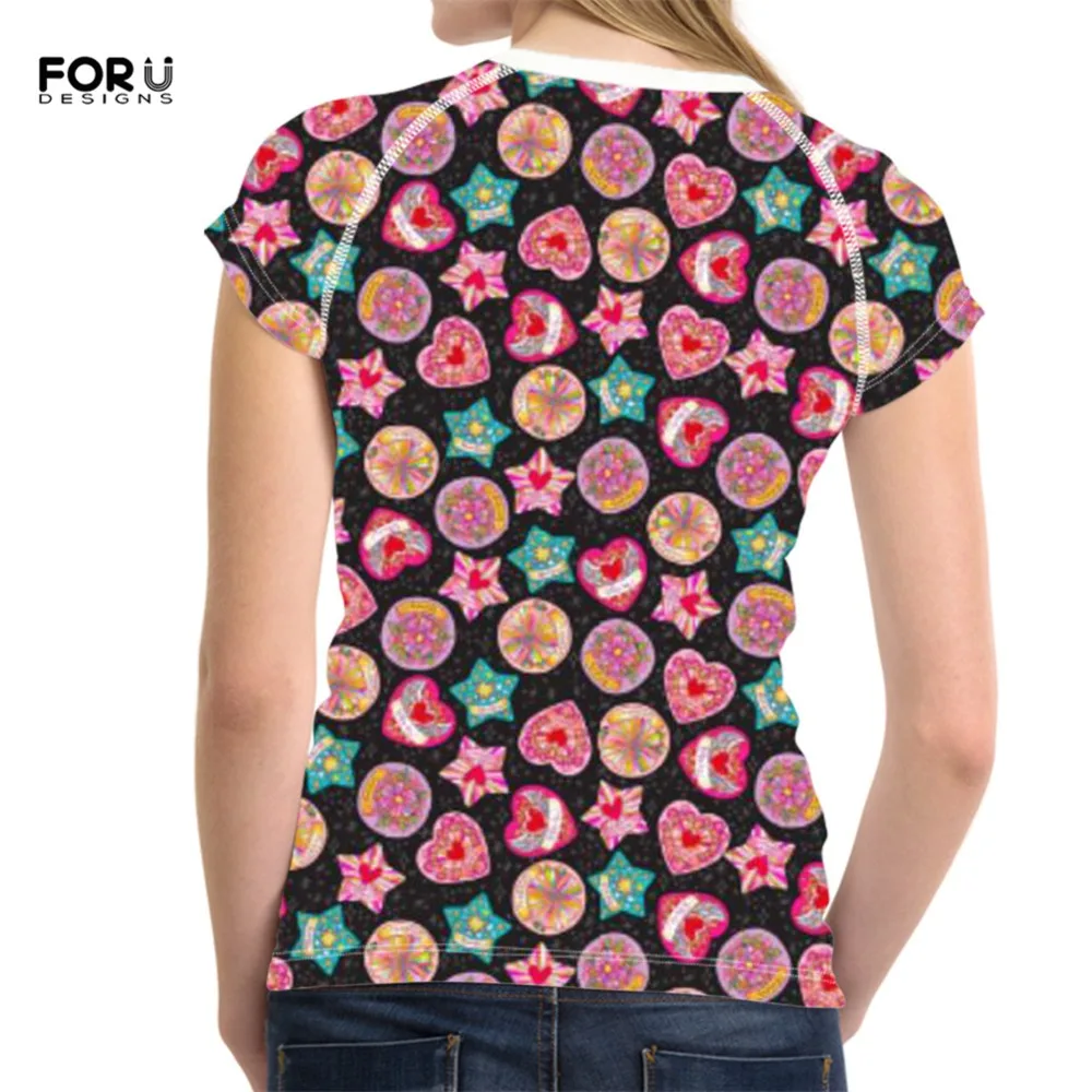 

FORUDESIGNS 2019 Summer Clothes Casual Style Cute Hearts&Flowers Printing Women's Top Tees Round Neck Short Sleeve Women T-shirt