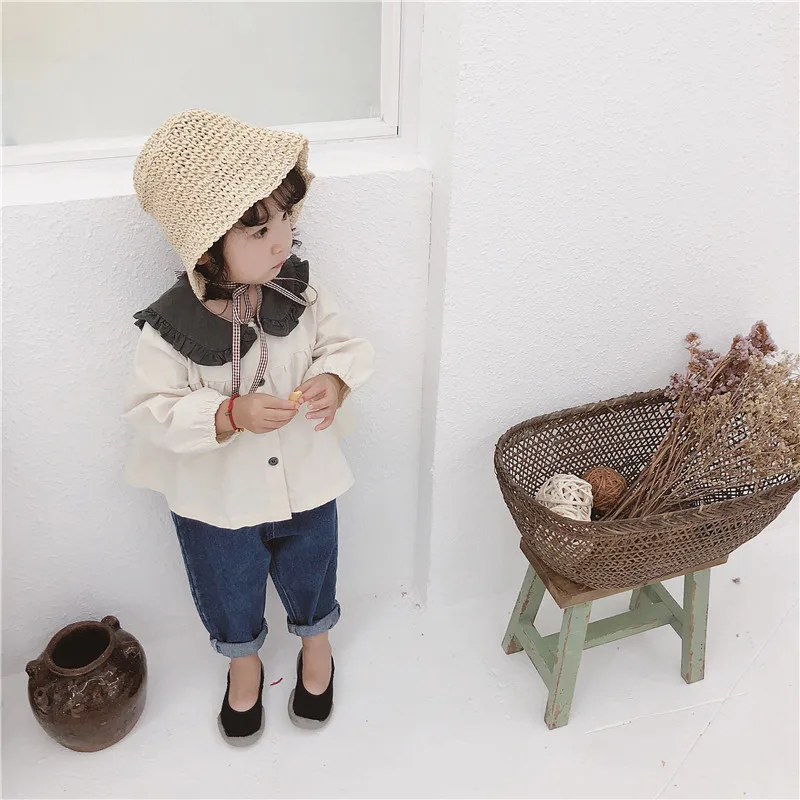 2018 Детские топы для девочек с длинным рукавом отложным воротником Regualr Хлопок