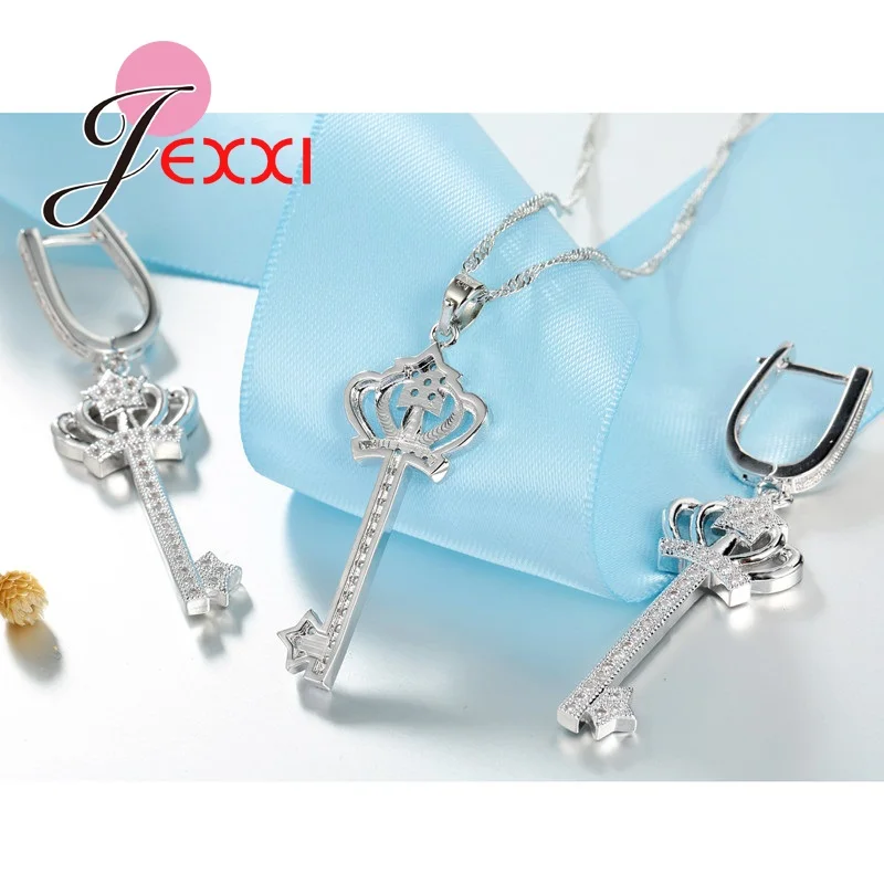 

Top Quality 925 Sterling Silver Necklace Earrings Crown Key Design CZ Crystal Jewelry Sets Women/Girl Wedding Gift