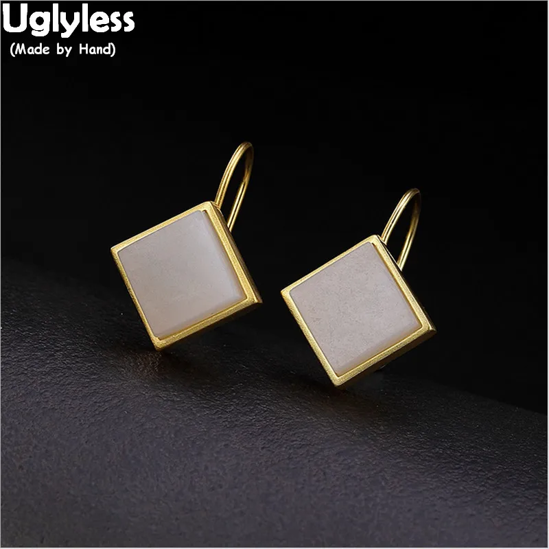 

Uglyless 100% Real 925 Sterling Silver Natural Jade Square Earrings for Women Simple Fashion Gemstone Earrings Gold Fine Jewelry