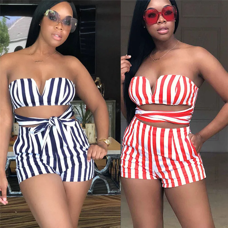 

Women Sleeveless Striped Jumpsuit Fashion Lady Wrap Chest Padded Romper Casual Clubwear Short Mini Jumpsuit Pants Beach Playsuit