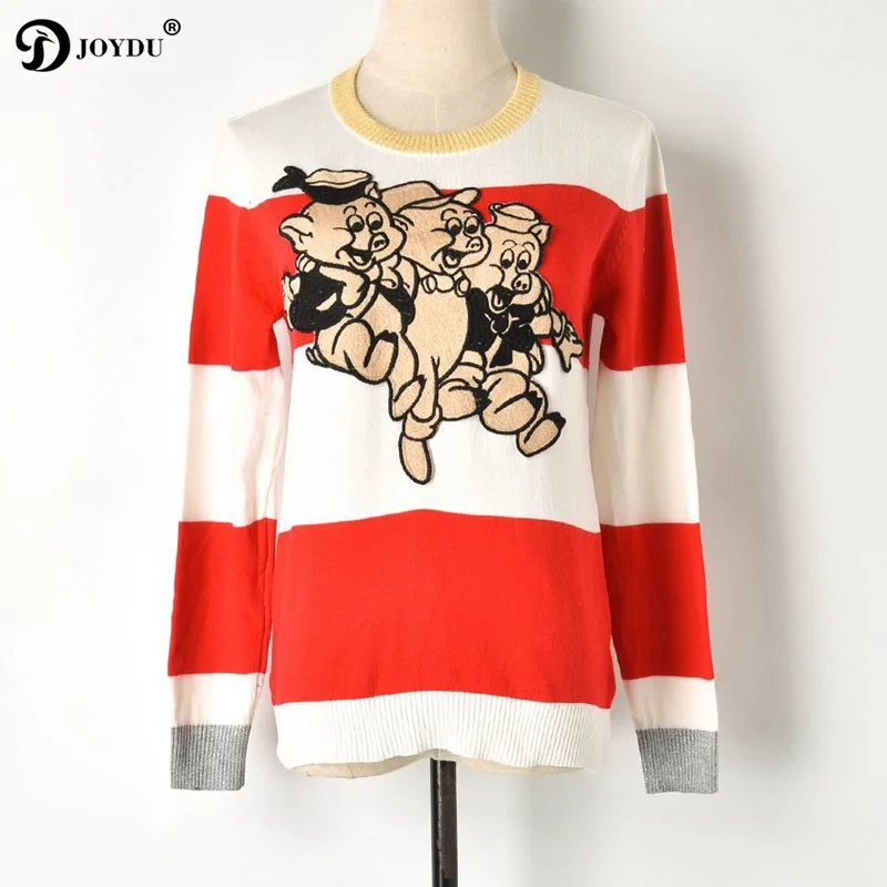 JOYDU Wide Stripes Color Block Cartoon Patchwork Sweater Women Pullover Runway Design Knitted Korean Sweaters 2019 pull femme | Женская