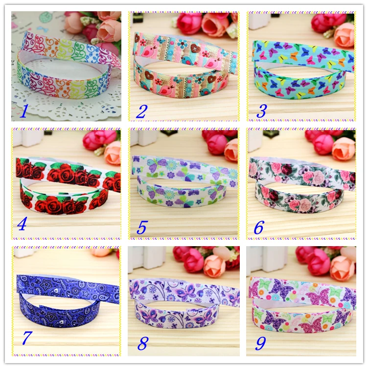 

5/8'' Free shipping Fold Elastic FOE flowers butterfly swirl printed headband headwear hairband diy decoration wholesale OEM S80