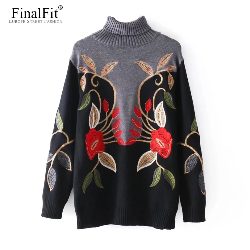 Свитер с воротником Для женщин длинные Oversize джемпер цветочной вышивкой