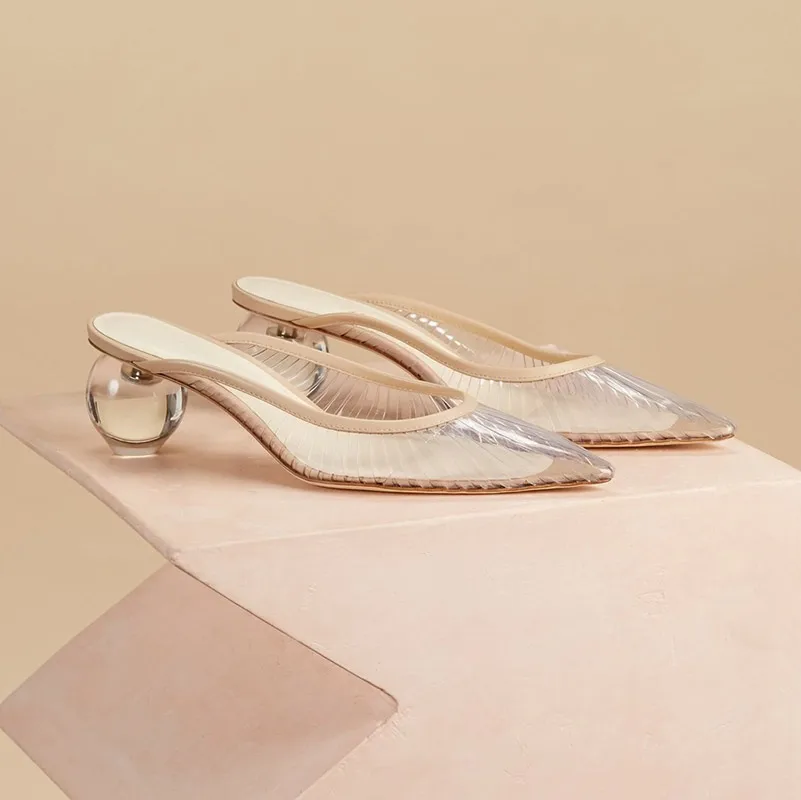 Buono Scarpe/Босоножки-шлепанцы с острым носком и круглым помпоном; прозрачные летние босоножки без задника; женская обувь; свадебные туфли-лодочки