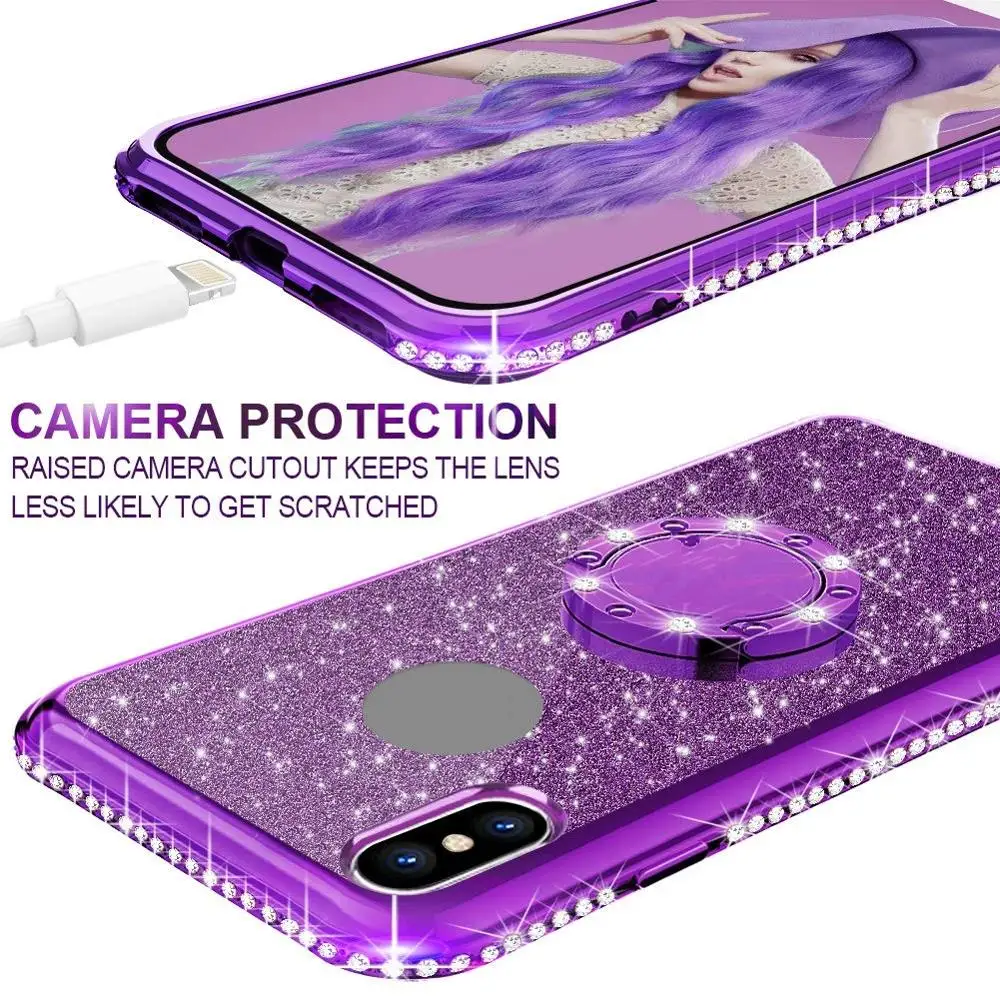 Diamond Case for iPhone XS Max XR X Cover Crystal Glitter Bling For 6 6s 7 8 Plus Ring Kickstand Bumper |