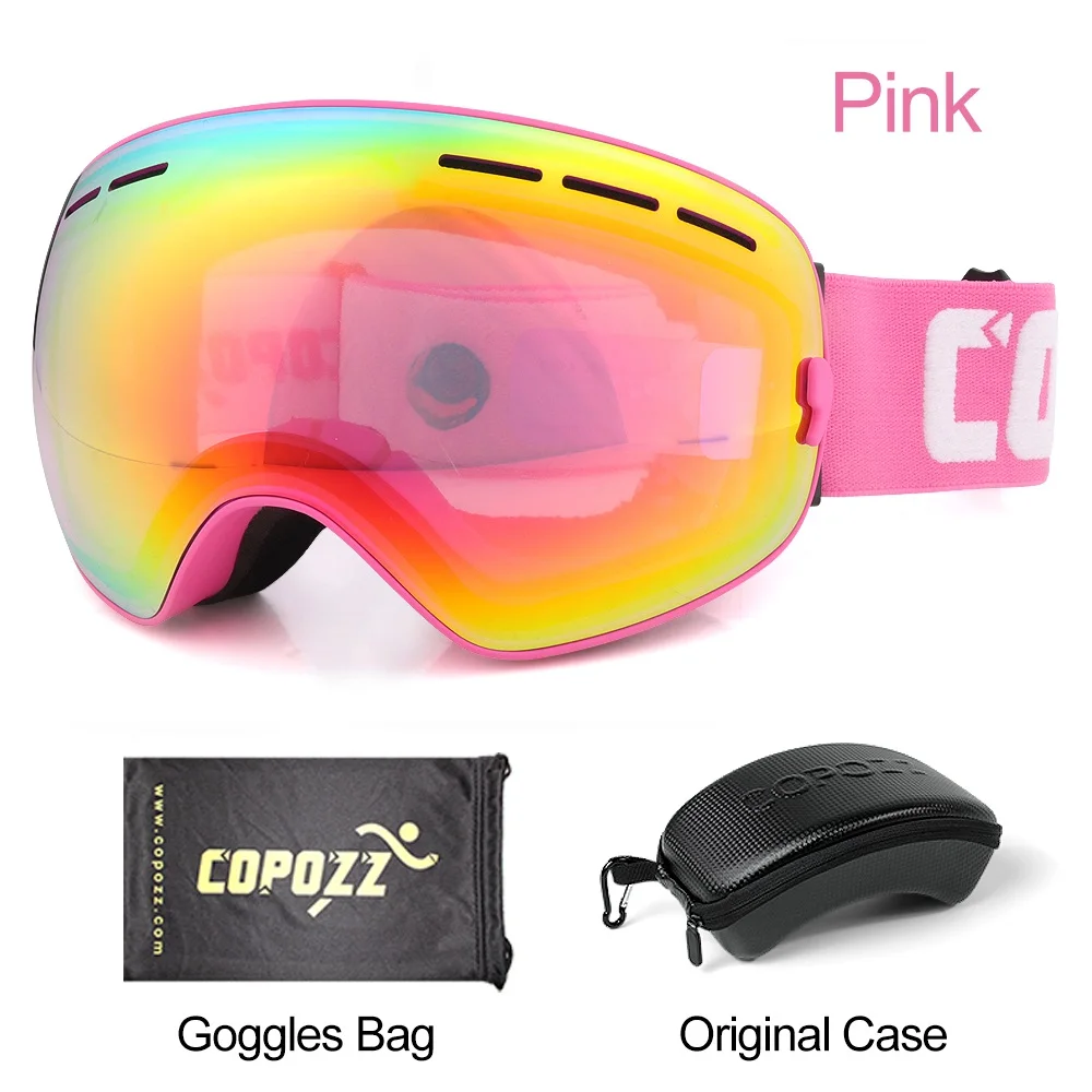 Frame pink with box COPOZZ брендовые лыжные очки для мужчин и женщин, очки для сноуборда, очки для катания на лыжах с защитой от уф400 лучей, лыжные очки, противотуманные лыжные маски - Цвет: Frame pink with box