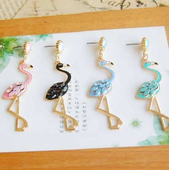 Enamel Oil Flamingo Dangle Earrings for Women Fashion Lady Jewelry Cute Animal Crystal 4 Colors Christmas Gift | Украшения и