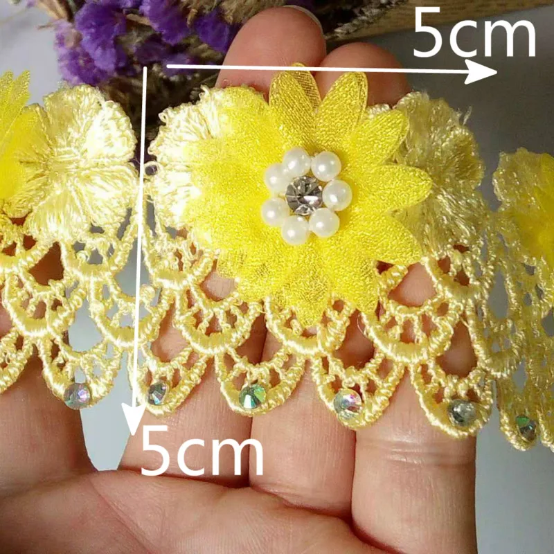 

1 yard New Soluble Yellow Pearl Rose Flower Embroidered Lace Trim Ribbon Fabric Sewing Craft For Costume Hat Shoes Decoration