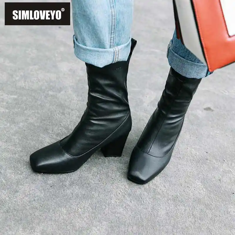 SIMLOVEYO/Зимние ботильоны с квадратным носком на высоком толстом каблуке Слипоны