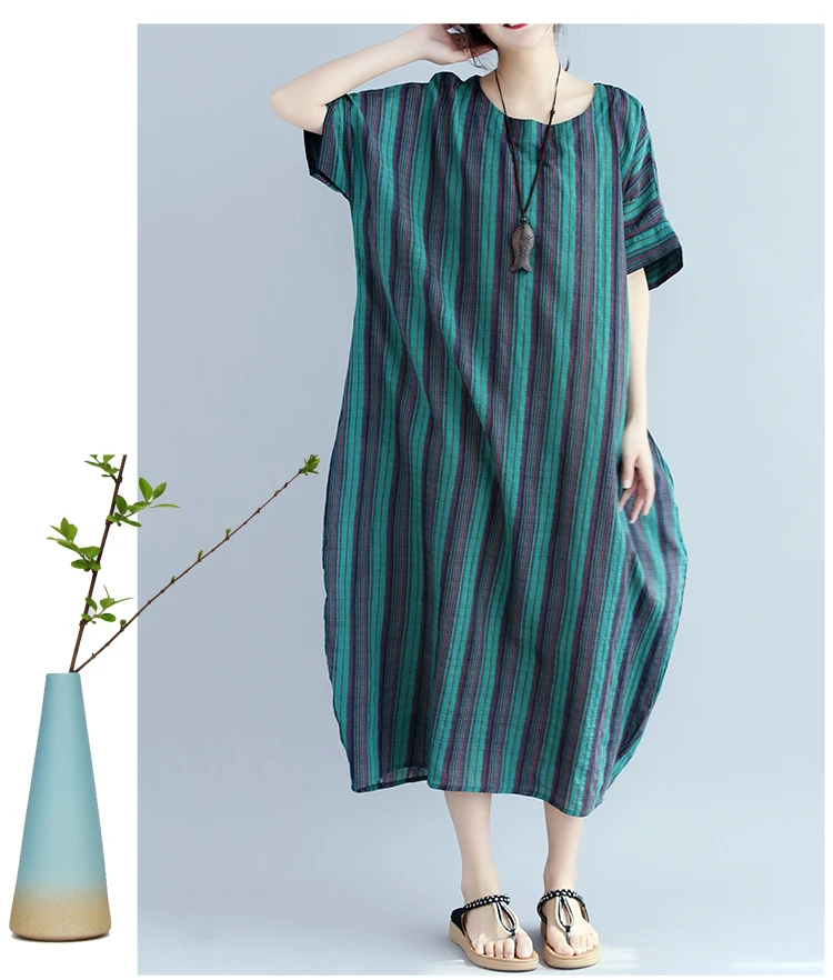 2018 Summer Big Size Vintage Short Sleeve O- Neck Striped Straight Dress Retro Large size Tunic Baggy Loose Vestidos | Женская одежда