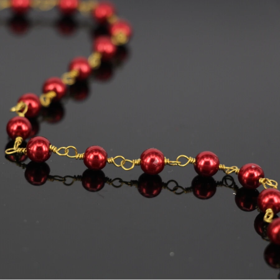 

5Meter,Gold plated Brass Wire Wrapped Red Pearl Chain,Red Glass Pearl Round Bead Rosary Wholesale Necklace Jewelry Findings