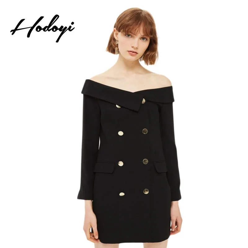 Hodoyi сплошной черный двубортный Блейзер платье Slim Fit Bodycon длинным рукавом и