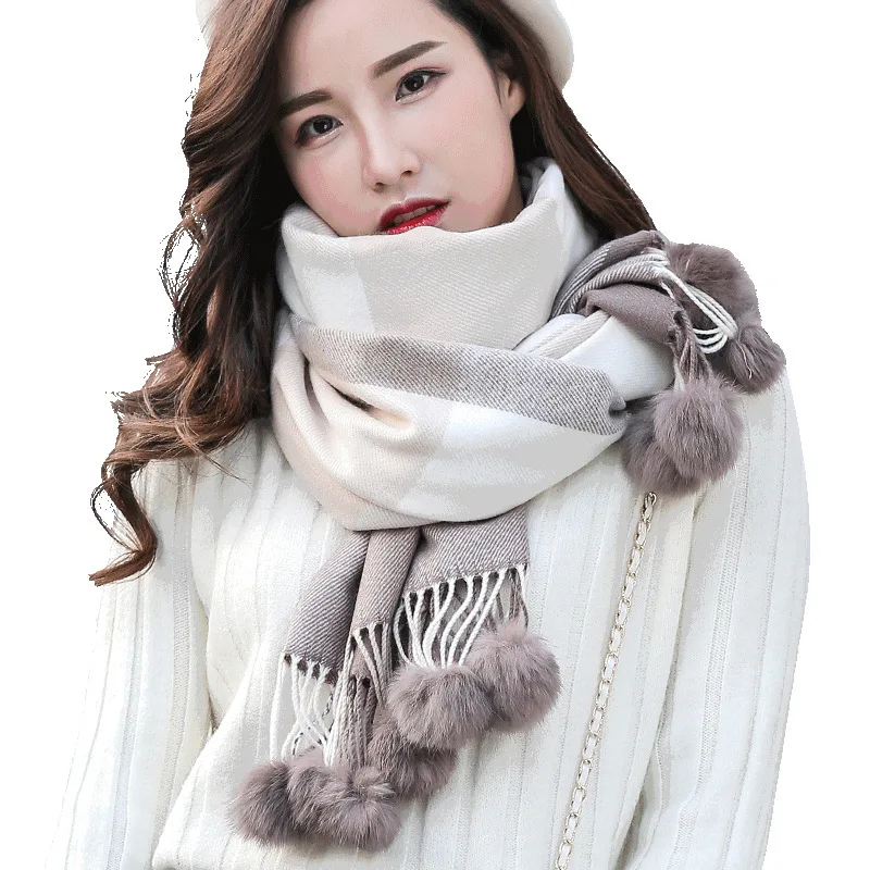 Женские зимние шарфы из шерсти кашемира с клетчатым узором с шалевым воротником, модные, высокого качества, длинные с меховыми бусинами из кролика.