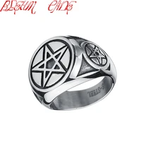 hiphoprock pentagram star circle mens black silver color stainless steel ring wholesale jewelry us size 8 12