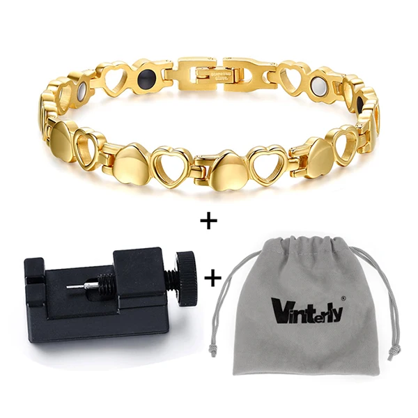 gold tool bag Магнитные браслеты Vinterly для женщин, цепочка в форме сердца, женский браслет, германий, энергия для здоровья, браслет из нержавеющей стали, женские преимущества - Окраска металла: gold tool bag