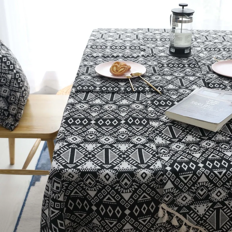 

American style rectangular tablecloth black geometric printed cotton linen table cover thick coffee table cloths tassel decor
