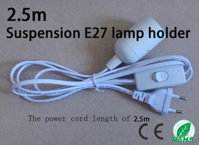 2,5 м подвеска E27 держатель лампы, Длина шнура питания 2,5 м, plug and play, круглая вилка с выключателем, белый блеск E27 Цоколь