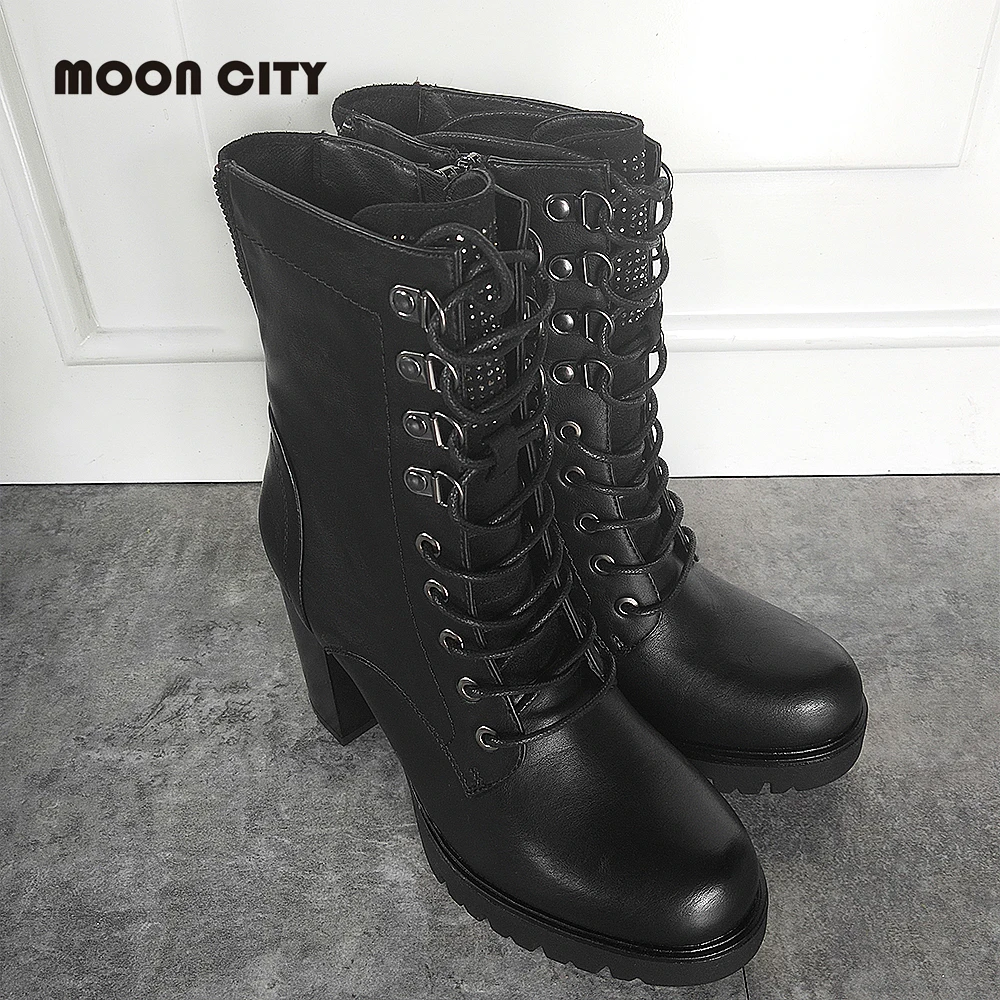 

2021 Fashion Women's Boots Femme High heel Leather Boots mid calf boots for women BlackLace-up Thick heel Shoes Woman plus size