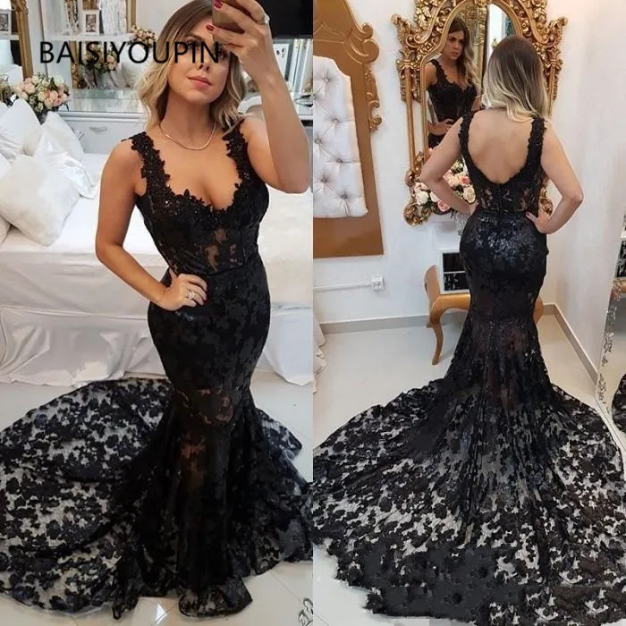 Черные Формальные Вечерние платья Русалка Выпускные Длинные Иллюзия спинки Тюль