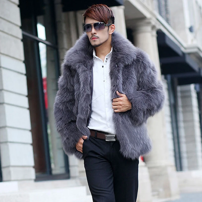 

Fashion Mens Fur Coats Luxury Gray Solid Slim Leather Jackets Outerwear Parka Oversized Overcoat Big Size XXXL 2B1272