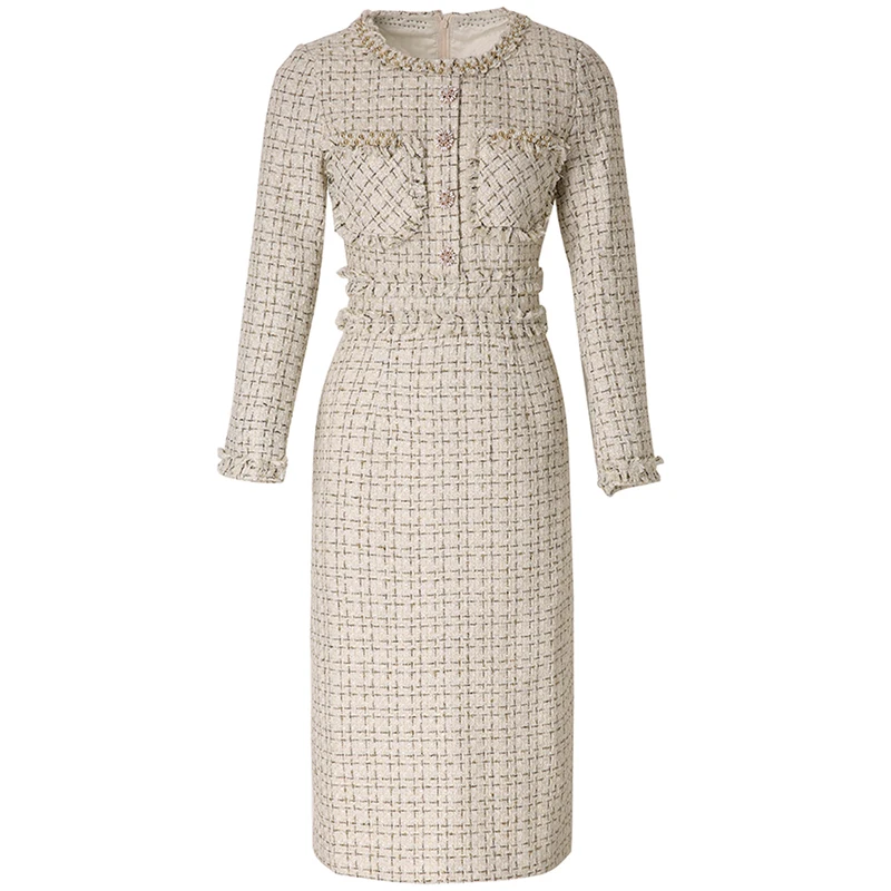 

New Designer European Women Luxurious Manual Beads Round Collar Long Sleeve Knitted Tweed Slim Pencil Dress OL