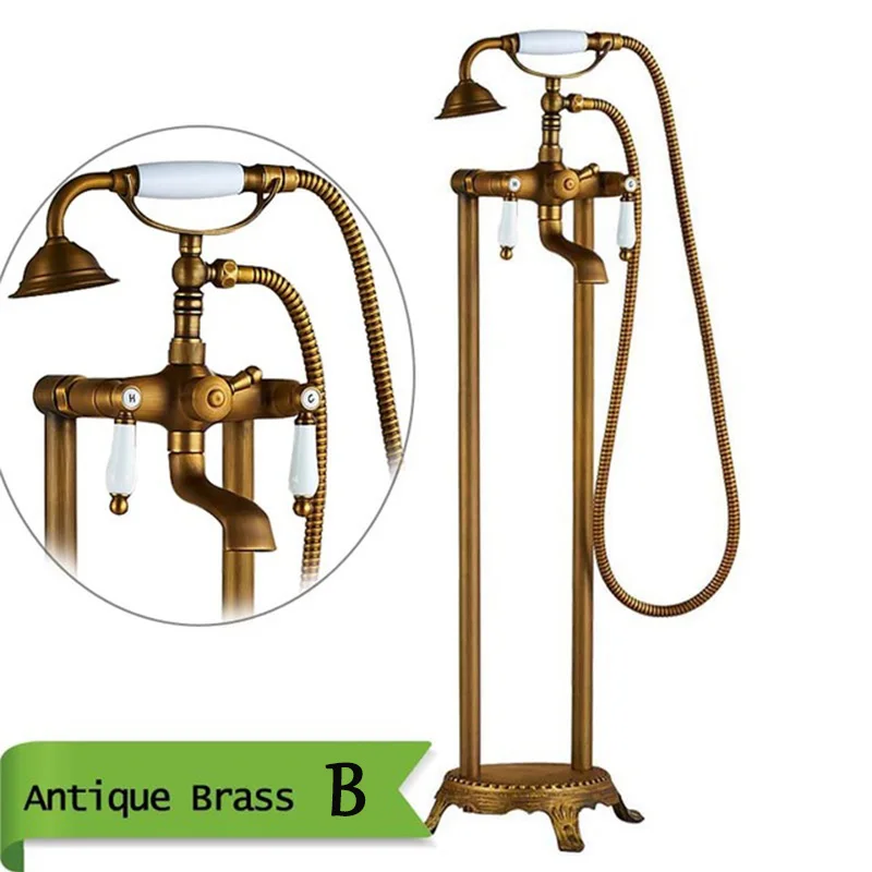 Antique Brass B Античный латунный напольный смеситель для ванной душа с двойной ручкой стоячий кран для ванной комнаты латунный поворотный носик 150 см душевой шланг - Color: Antique Brass B