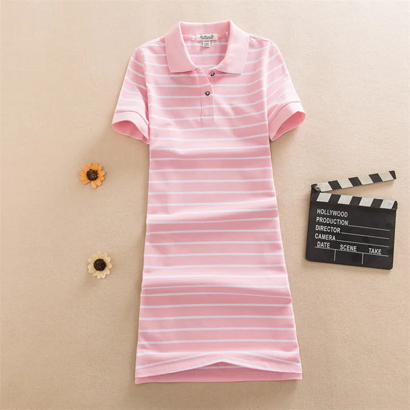 Pink Новинка, модные, тонкие, в полоску, с принтом, поло, вечерние, футболка, Мини Короткое платье, повседневное, летнее, для женщин, vestido de festa, элегантное, хлопковое, Vestidos - Цвет: Pink