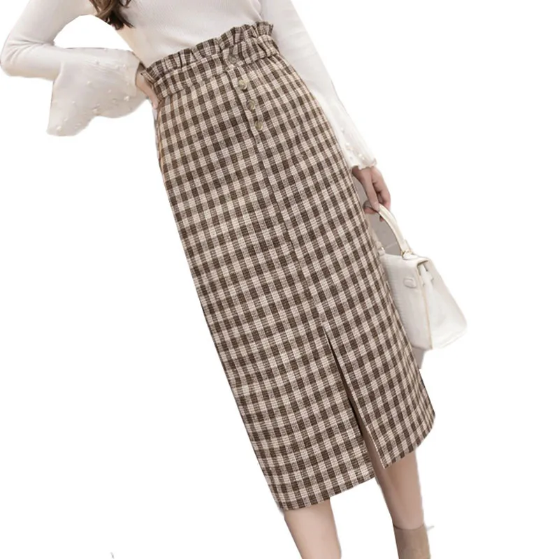 Женская винтажная клетчатая юбка миди с разрезом элегантная повседневная