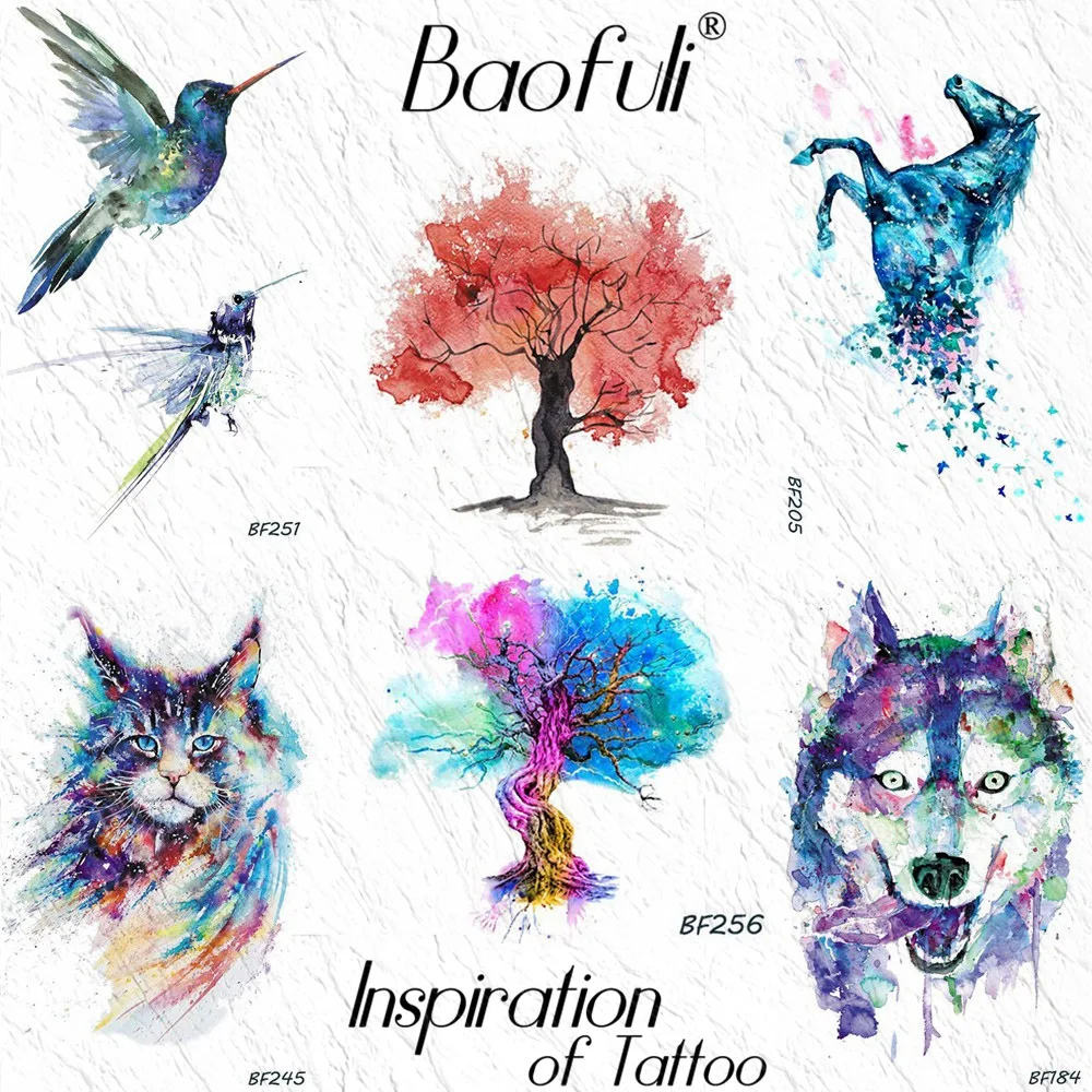 

Baofuli Watercolor Tree Design Flash Temporary Tattoos Kit Cat Wolf Waterproof Tattoo Sticker Women Body Art Fake Tatoo For Kids