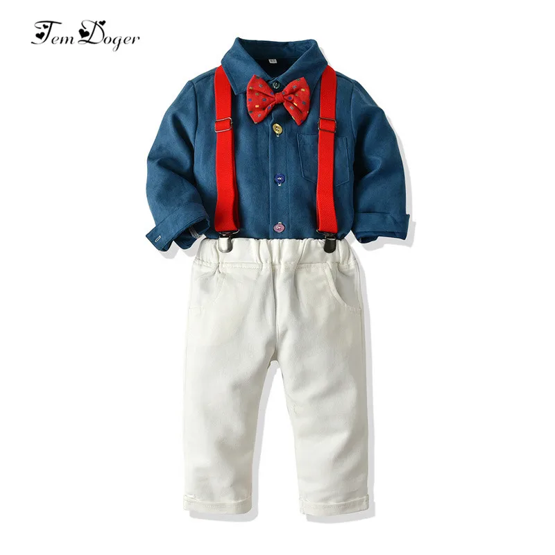 

Tem Doger Boy Clothing Sets Autumn Kids Boy Clothes Long Sleeve Tie Shirts+Overalls 2PCS Gentleman Outfits Children Boy Clothing