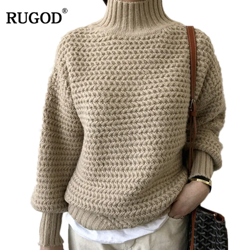 Свитер женский трикотажный RUGOD однотонный с высоким воротником и длинным рукавом