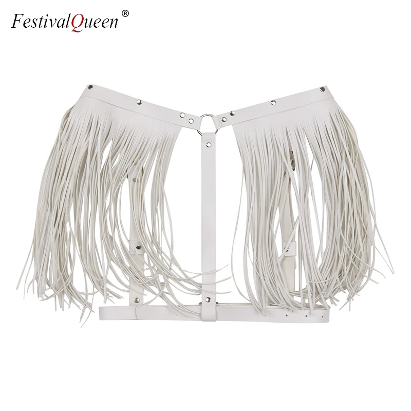 FestivalQueen женский топ из искусственной кожи с кисточками на спине, новинка, готический регулируемый Топ с ремнем для связывания, черный и белый цвета