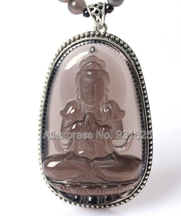 

925 Sterling Silver Natural Ice Clear Obsidian Carved Chinese DaRiRuLai Amulet Buddha Lucky Pendant + Beads Necklace Jewelry