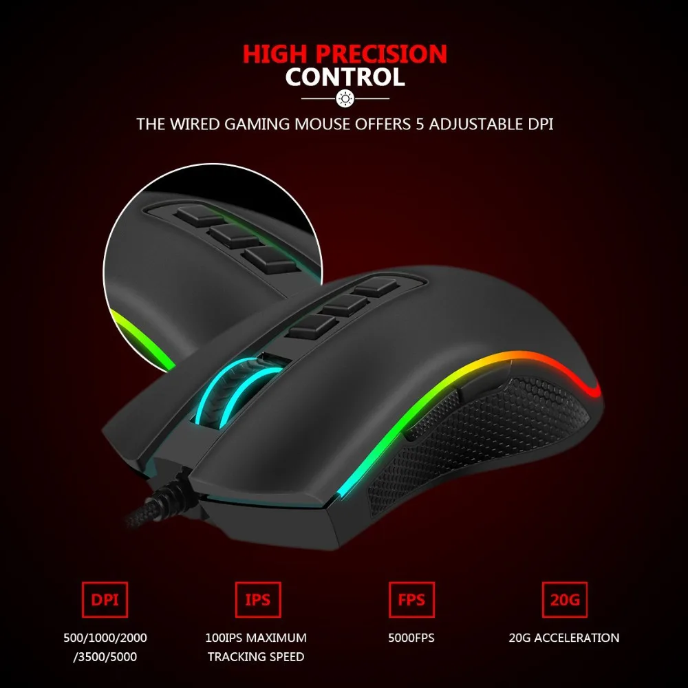 Redragon M711 Кобра игровой Мышь с Chroma RGB Цвет подсветкой 5000 Точек на дюйм джедай