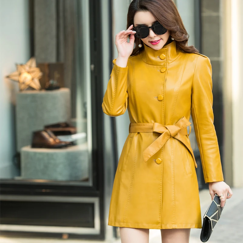 Для женщин длинные кожаные куртки с поясом 2018 весна новые женские Элегантные