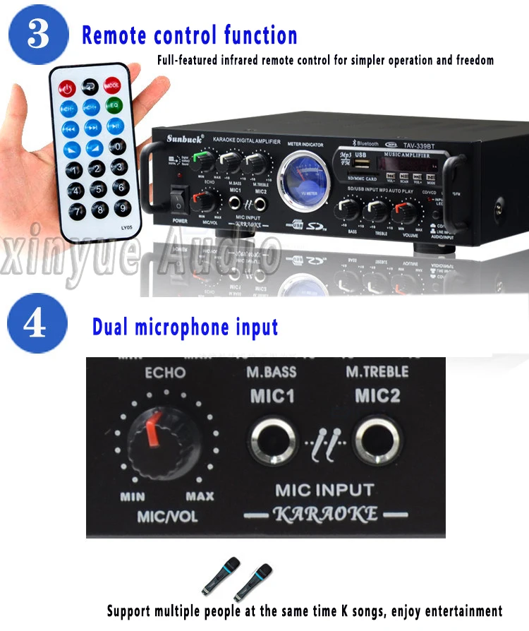 Бриз аудио sunbuck TAV-339B Bluetooth усилитель fm-радио USB SD 100 Вт* 2 Пульт дистанционного Управления караоке усилитель