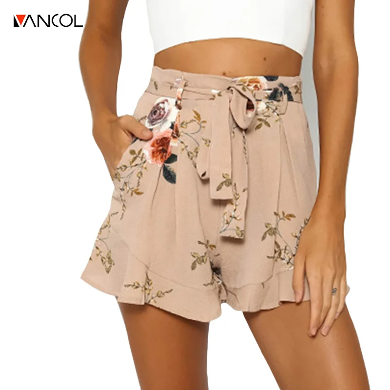 Vancol 2017 новое поступление розовый свободные шорты с поясом оборками цветок печати