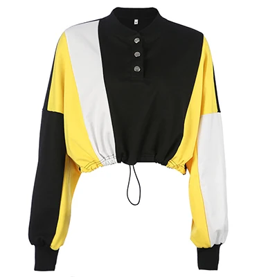 Yellow Black HEYounGIRL осенние Лоскутные короткие толстовки с капюшоном, кофты с длинным рукавом, черные женские короткие толстовки Harajuku, пуловер на пуговицах - Цвет: Yellow Black