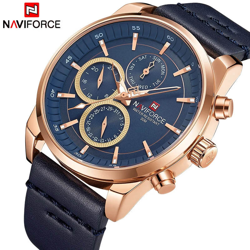 Часы наручные NAVIFORCE Мужские кварцевые роскошные Брендовые спортивные с кожаным
