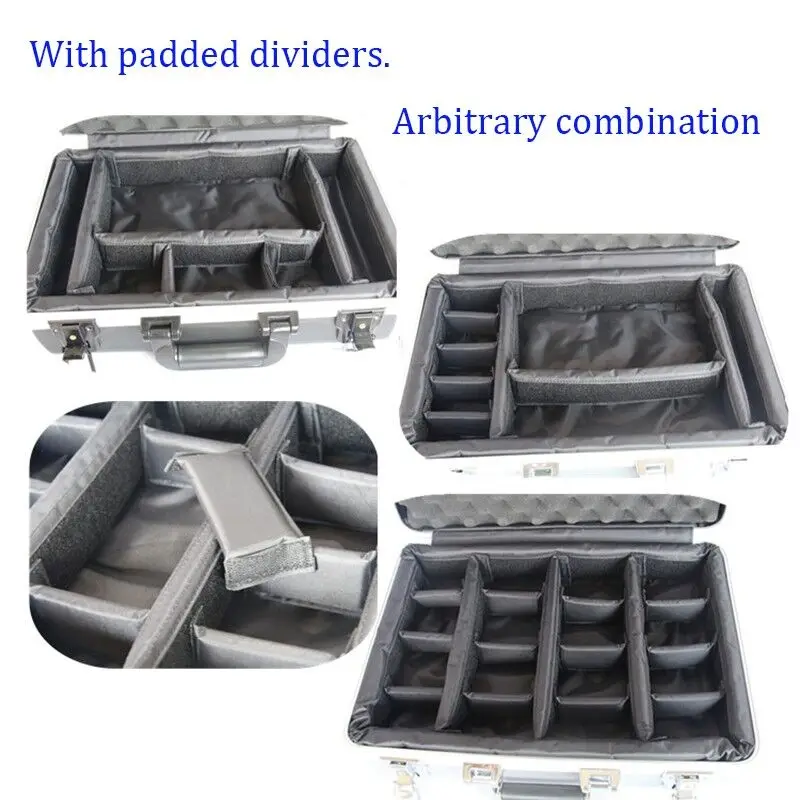 silver with dividers Высококачественный защитный Алюминиевый Чехол для инструментов, Жесткий Чехол для хранения файлов, коробка для переноски для ручного пистолета - Цвет: silver with dividers