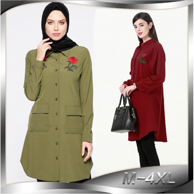 

Мусульманская блузка с вышивкой, женские топы, платье-рубашка с цветочным рисунком, Абая, женская одежда, Рамадан, Малайзия, кафтан, мусульма...