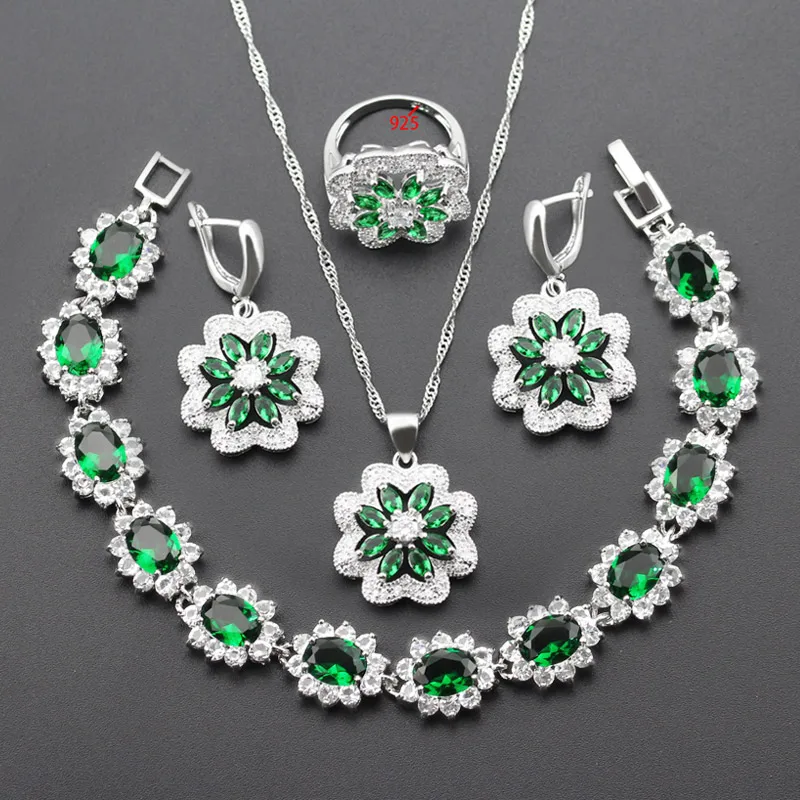 Классический цветок серебро Цвет 925 логотип зеленый Свадебный набор украшений