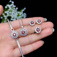 xin yi peng 925 silver plated gold inlaid natural garnet ring earrings pendant necklace bracelet suit women fine jewelry suit