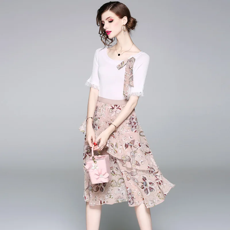 Эластичные трикотажные футболки и шифоновыми оборками юбки 2 шт. костюмы с юбкой