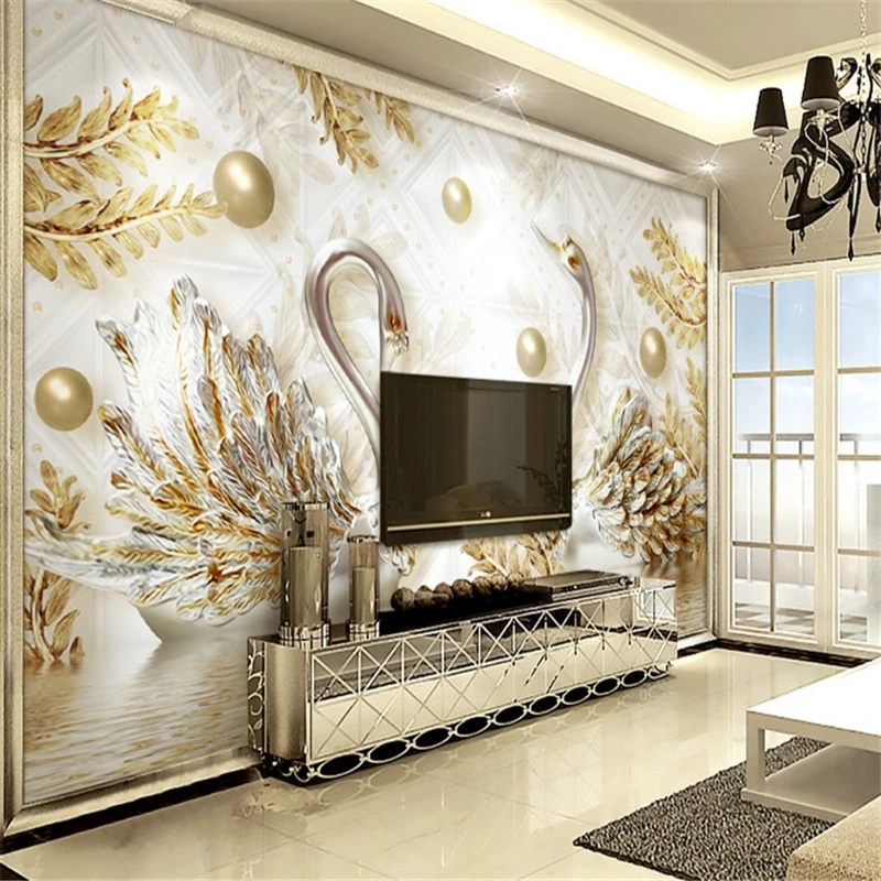 

beibehang Large custom fresco luxury 3d swan gold leaf water pattern jewelery TV backdrop papel de parede para quarto