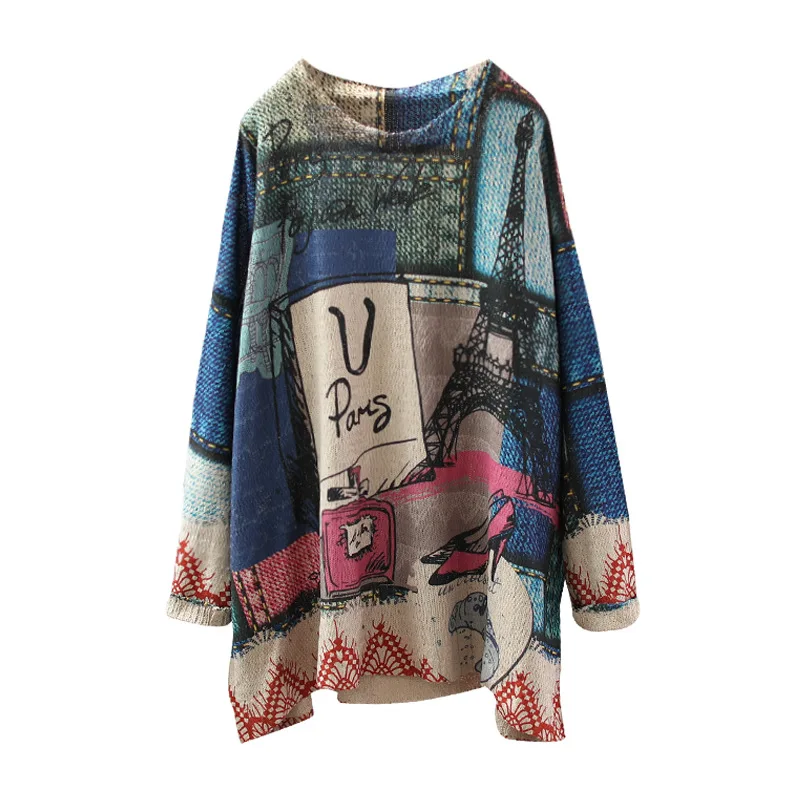 Summer Autumn Sweater Women Retro Loose Print Pattern Pullovers Tops New Ladies O-Neck Casual Streetwear Blended | Женская одежда